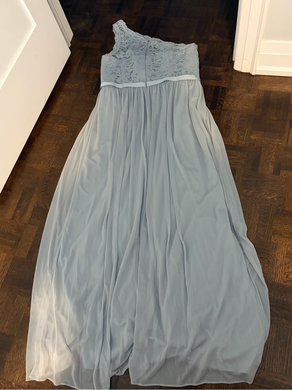 David's Bridal One-Shoulder Lace Top Chiffon Gown in Dusty Blue